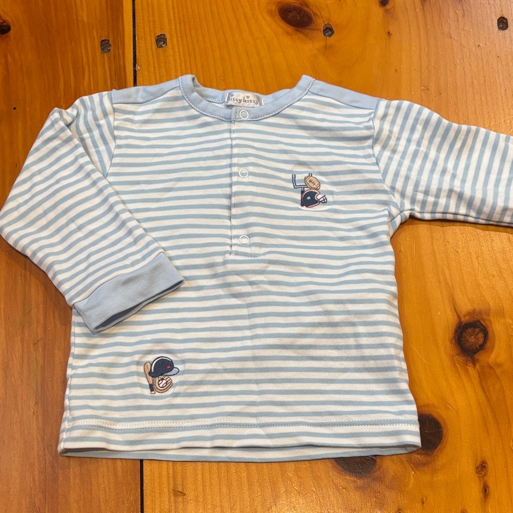 KISSY KISSY 12-18M Baby Blue Stripe Pima Cotton Snap Up Shirt Football Baseball